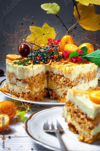 Veg, raw carrot cake. Healthy eating. Decorated in autumn style. Copy space. Selective focus