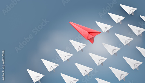 3d red paper plane with white paper plane row on blue sky background. 3D illustration rendering.