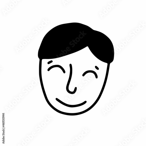 Doodle funny pleased child face. Hand-drawn outline human isolated on white background. Kid Avatar. Cartoon combed guy. Male cute portrait. Hairstyle, smile. Vector happy infant character illustration