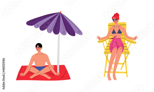 Young Man and Woman at Seaside Sunbathing Enjoying Hot Summer Vector Set