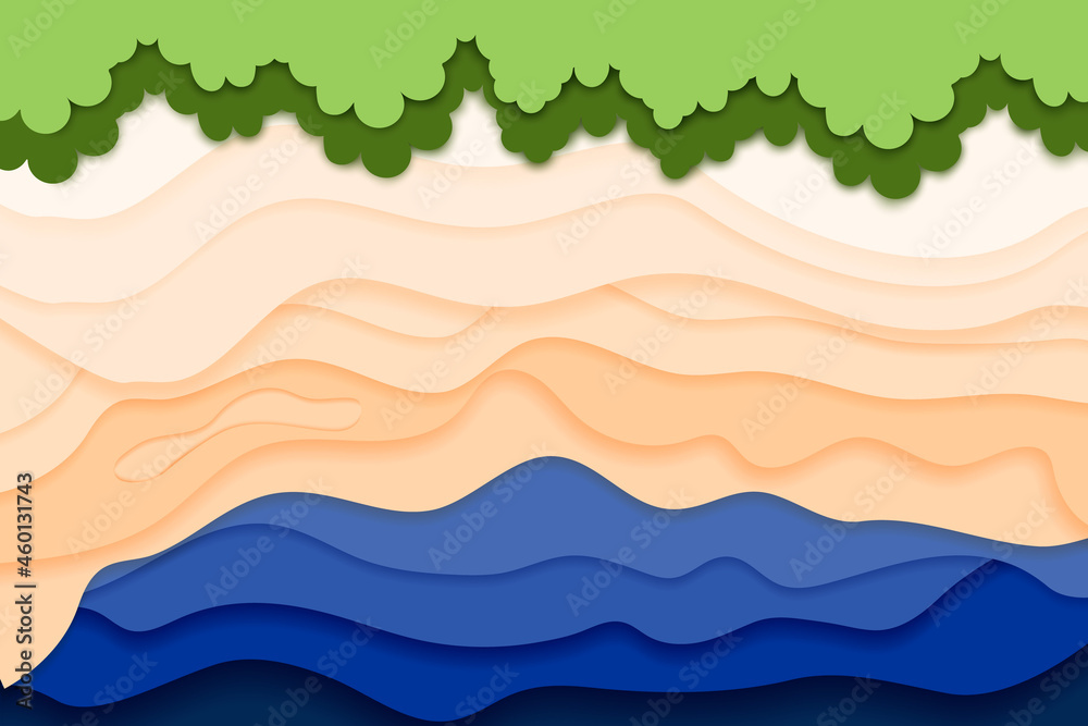 Paper cut river and fish.Top view of the water stream and shore .Nature and environment conservation creative idea concept.Vector illustration. Paper cut river and fish.Top view of the water stream and shore .Nature and environment conservation creative idea concept.Vector illustration.