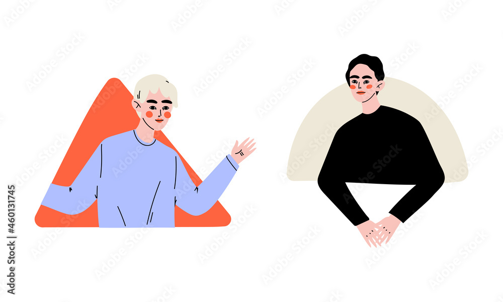 Young Man Looking Out of Window and Waving Hand Vector Set Young Man Looking Out of Window and Waving Hand Vector Set