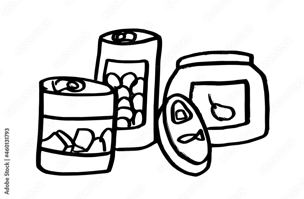 Canned food icon, symbol. Olives, peppers and sardines. Inked hand drawn strokes sketch style vector illustration isolated on white background. Canned food icon, symbol. Olives, peppers and sardines. Inked hand drawn strokes sketch style vector illustration isolated on white background.