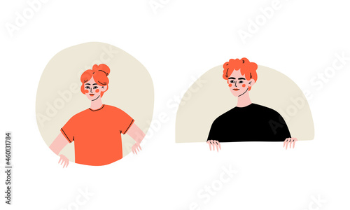 Young Redhead Man and Woman Looking Out of Window Vector Set