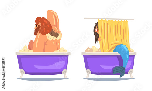 Bearded Male and Mermaid Bathing in the Bathtub Washing Body with Soap Vector Set