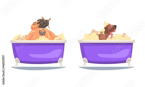 Male Sumo Wrestler and Dog Bathing in the Bathtub Washing Body with Soap Vector Set