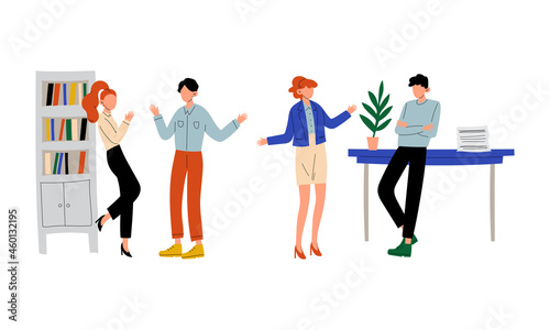 Man and Woman Office Worker Standing and Discussing Business Vector Set
