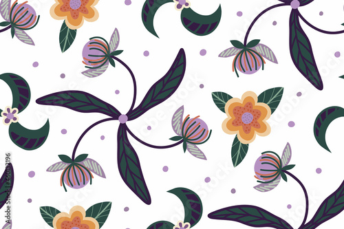 Seamless vector pattern in autumn boho colors fruits, leaves, etc. Surface design for web and print. 