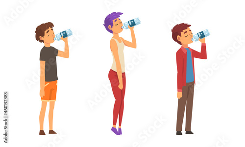 People Character Standing and Drinking Water from Plastic Bottle Vector Set