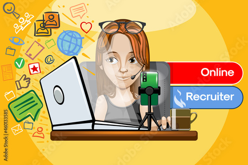 Red haired girl works at a computer as an Online Recruiter.