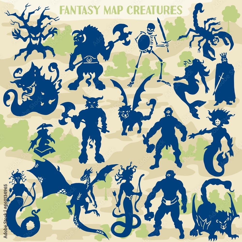Fantasy and mythological monster creatures in silhouette illustrations for dungeon map builders 2