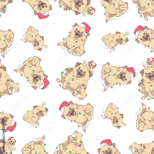 Christmas seamless pattern with the image of little cute puppies in the hat of Santa Claus.