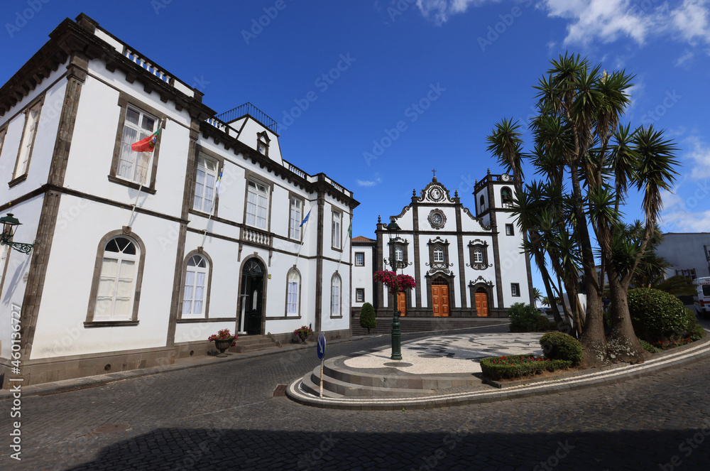 The Republic Square with the Sao Jorge church in Nordeste, Sao Miguel island, Azores
