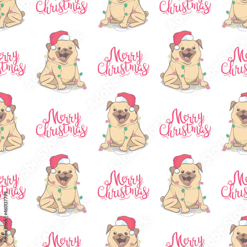 Christmas seamless pattern with the image of little cute puppies in the hat of Santa Claus.