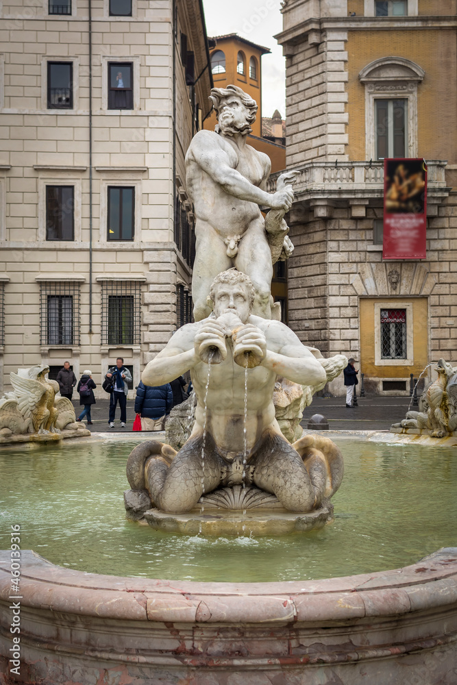 Fontana del Moro (Moor Fountain) located at the southern end of the Piazza Navona. Rome, Italy