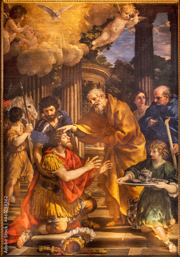 ROME, ITALY - AUGUST 31, 2021: The painting Baptism of St. Paul in the church Santa Maria della Concezione dei Cappuccini by Pietro Berrettini da Cortona (1596 - 1669).