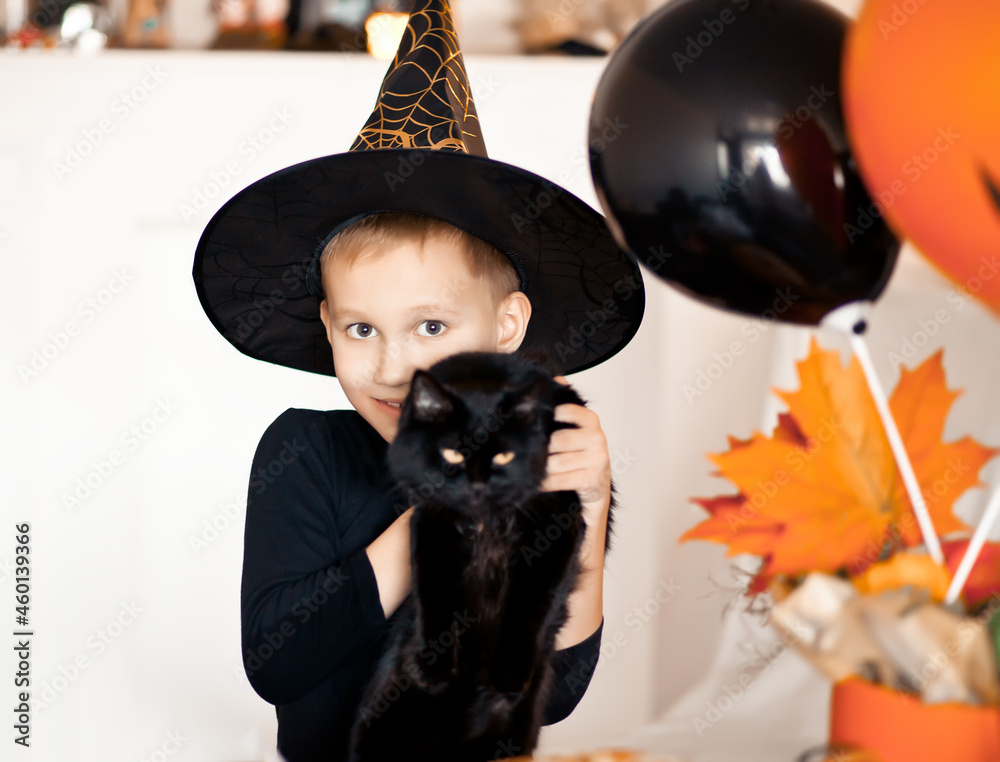 funny kid boy in witch costume for Halloween with black cat in a hands.