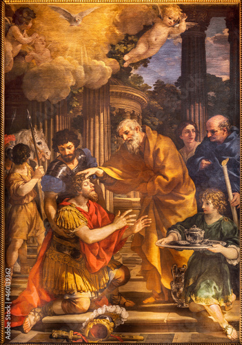 ROME, ITALY - AUGUST 31, 2021: The painting Baptism of St. Paul in the church Santa Maria della Concezione dei Cappuccini by Pietro Berrettini da Cortona (1596 - 1669).