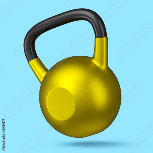 Heavy gym gold kettlebell for workout isolated on blue background