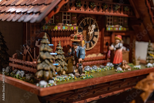 Traditional wooden Christmas toys on the showcase