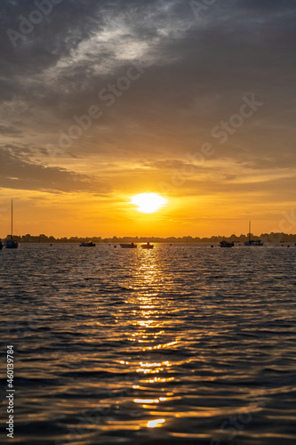 Brittany, panorama of the Morbihan gulf, view from the Ile aux Moines, at sunrise 