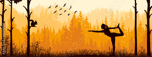 Horizontal banner. Silhouette of girl practicing yoga on meadow in forrest. Yoga sun salutation. Healthy lifestyle  trees  grass. Magical misty landscape  fog. Orange illustration. 