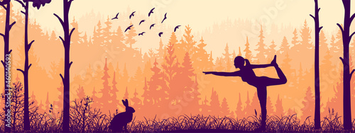 Horizontal banner. Silhouette of girl practicing yoga on meadow in forrest. Yoga sun salutation. Healthy lifestyle, trees, grass. Magical misty landscape, fog. Orange, pink illustration. 