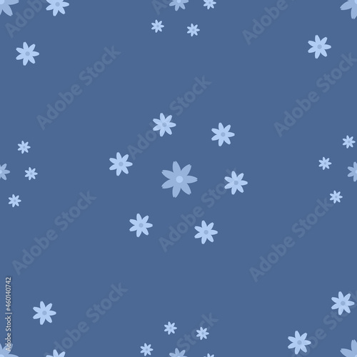 Chamomile seamless pattern. Flower background with white daisies on blue. Pattern for textiles, fabrics, bed linen, wallpaper. Decorative floral print for design with chamomile and daisies. Vector