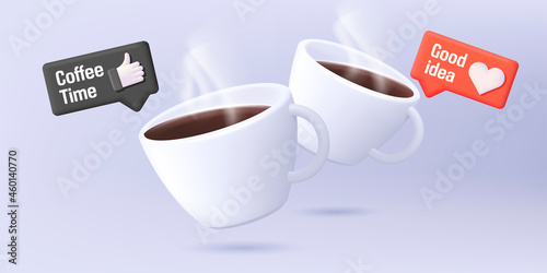 3d render illustration of two cups with coffee in banner composition with social media icons of like