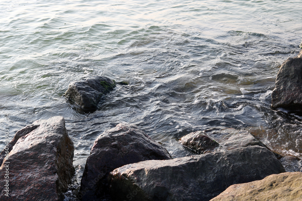 Black stones and gray stones close-up among other large stones and small stones in sea water Black stones and gray stones close-up among other large stones and small stones in sea water