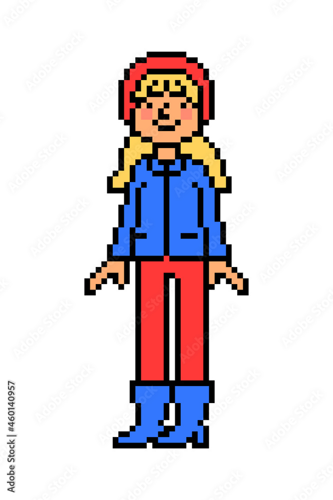 Pixel art blonde girl in a red hat and pants, blue jacket and boots isolated on white.Fall, winter, spring walk look.8 bit woman character.Vintage retro 2d computer, video game, slot machine graphics.