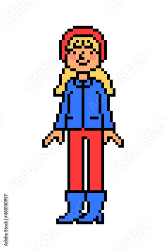 Pixel art blonde girl in a red hat and pants, blue jacket and boots isolated on white.Fall, winter, spring walk look.8 bit woman character.Vintage retro 2d computer, video game, slot machine graphics.