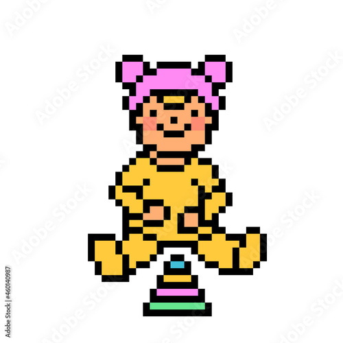 Pixel art child in a pink beanie hat with ears and yellow crawlers sitting on the floor and playing with toy pyramid, 8 bit character isolated on white background. Retro 2d game, slot machine graphics