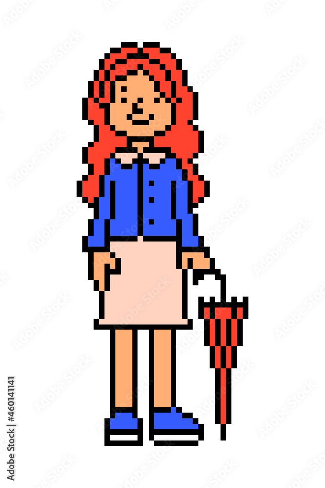 Pixel art redhead girl in a blue jacket and creamy dress with closed umbrella isolated on white.8 bit character, woman walking. Old school vintage retro 2d computer, video game, slot machine graphics.