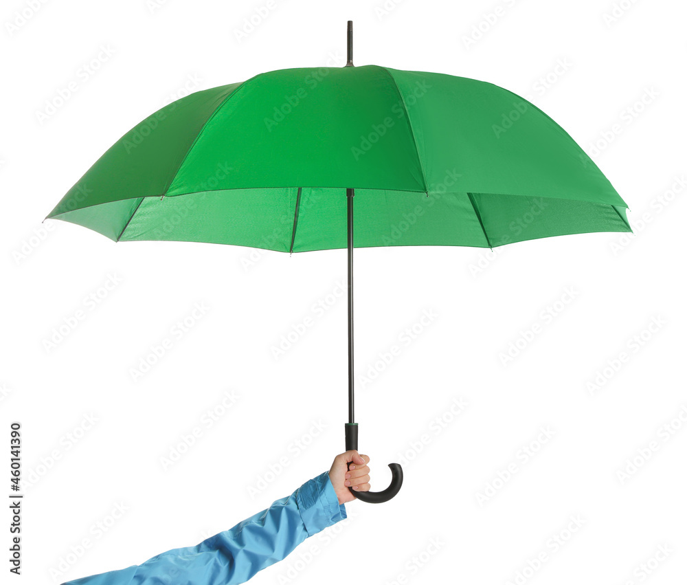 Woman with open green umbrella on white background, closeup Stock Photo ...
