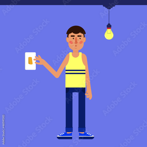Man turning on a light bulb hanging by a wire from the ceiling. Man with serious face activating the switch.