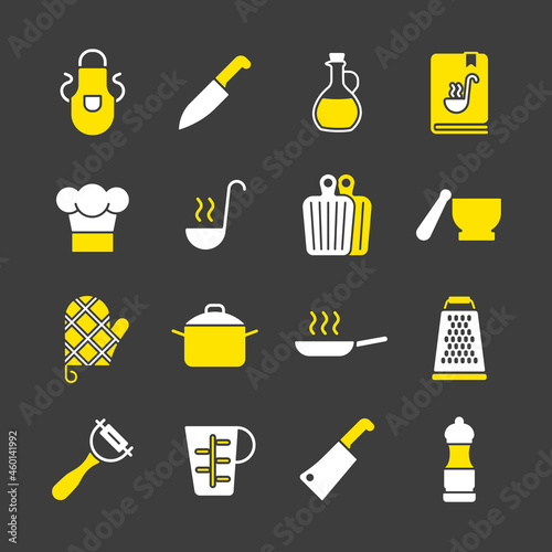 Cooking foods and kitchen vector icon set