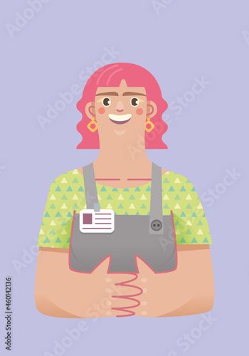 entretien embauche travail étudiante discussion interview femme cheveux roses sourire motivé débutante bénévolat école assistante badge identité fluo