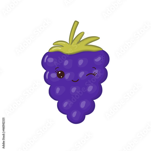Kawaii Blackberry isolated on white background. Cute character with happy face. Vector illustration.