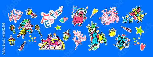 Festive set of stickers. Party, cute animals, icons, lettering for design. Cartoon doodle illustration hand-drawn. Full color vector illustration.