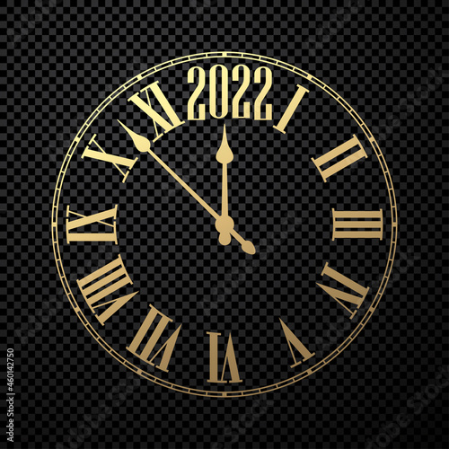 Golden clocks showing 2022 year on transparent background.