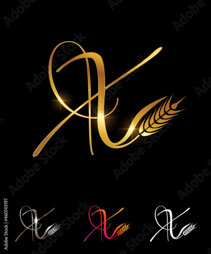 Golden Wheat and Grain Monogram Initial Letter X © Ginatra Design