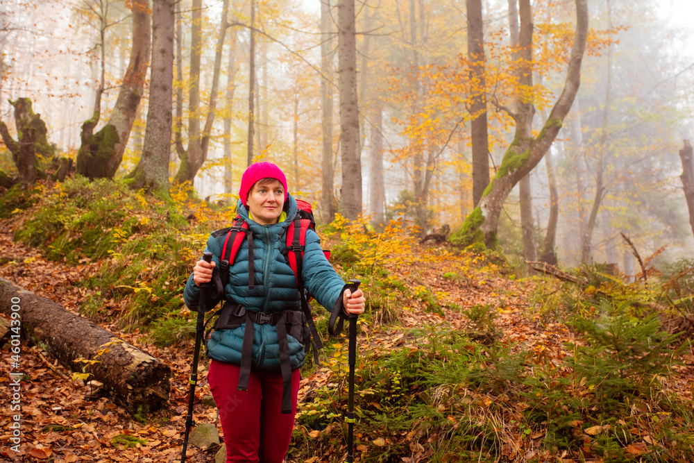 Active woman hiking in beautiful fall forest Active woman hiking in beautiful fall forest