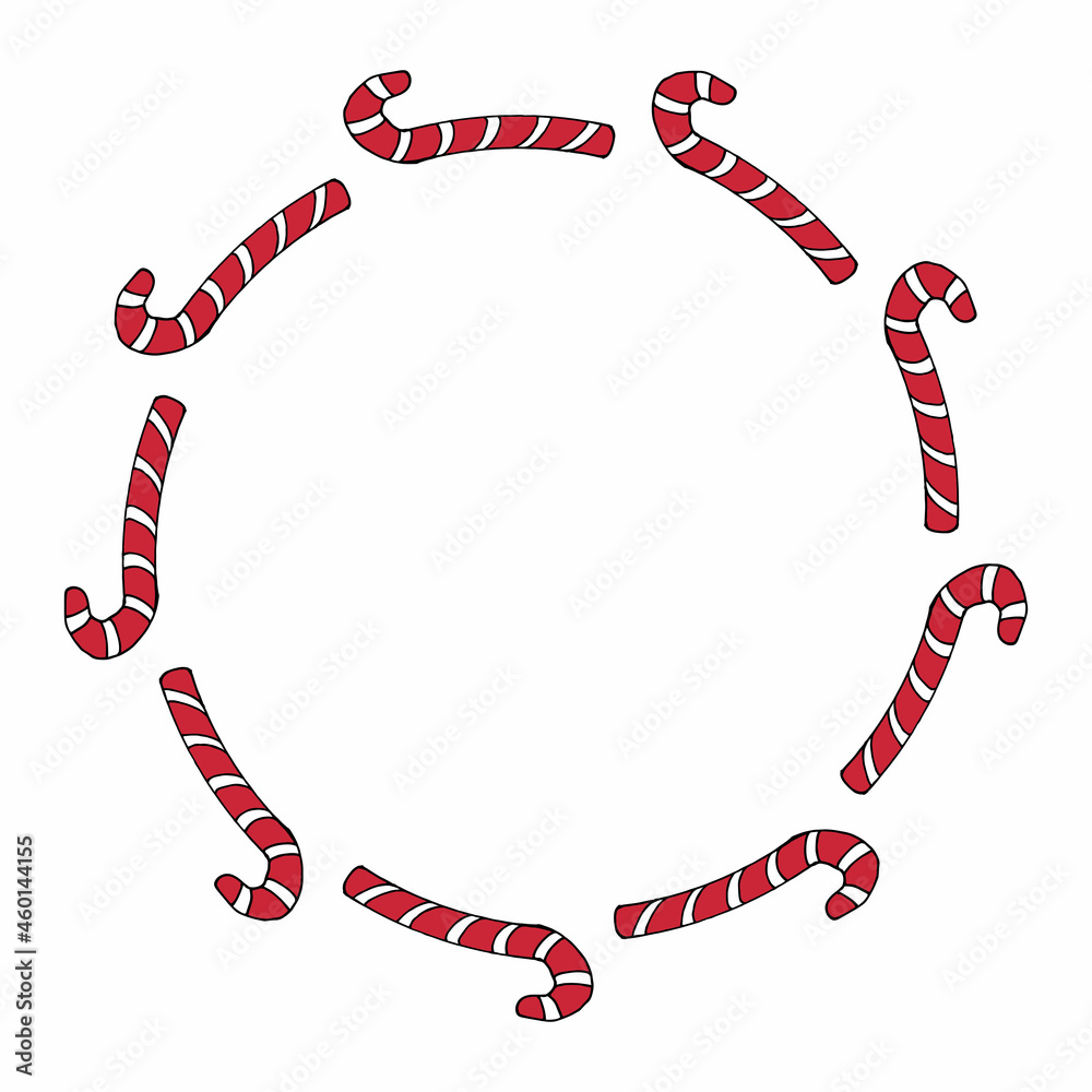 Fototapeta premium Round frame with funny red christmas candies on white background. Vector image.