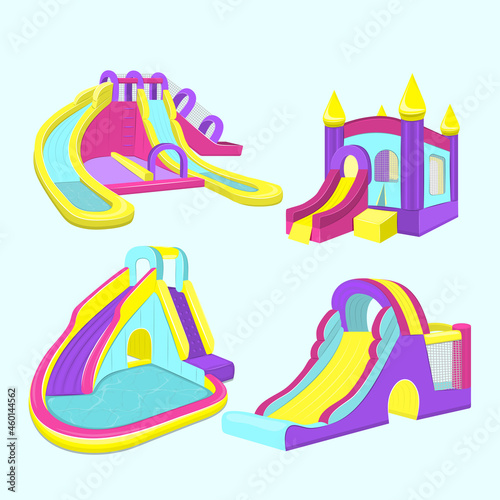 Vector illustration of inflatable slides isolated on blue background.