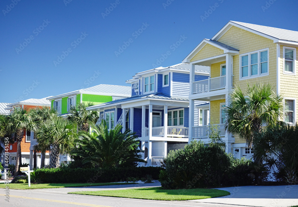 Bright new pastel color houses in Carolina Beach, North Carolina