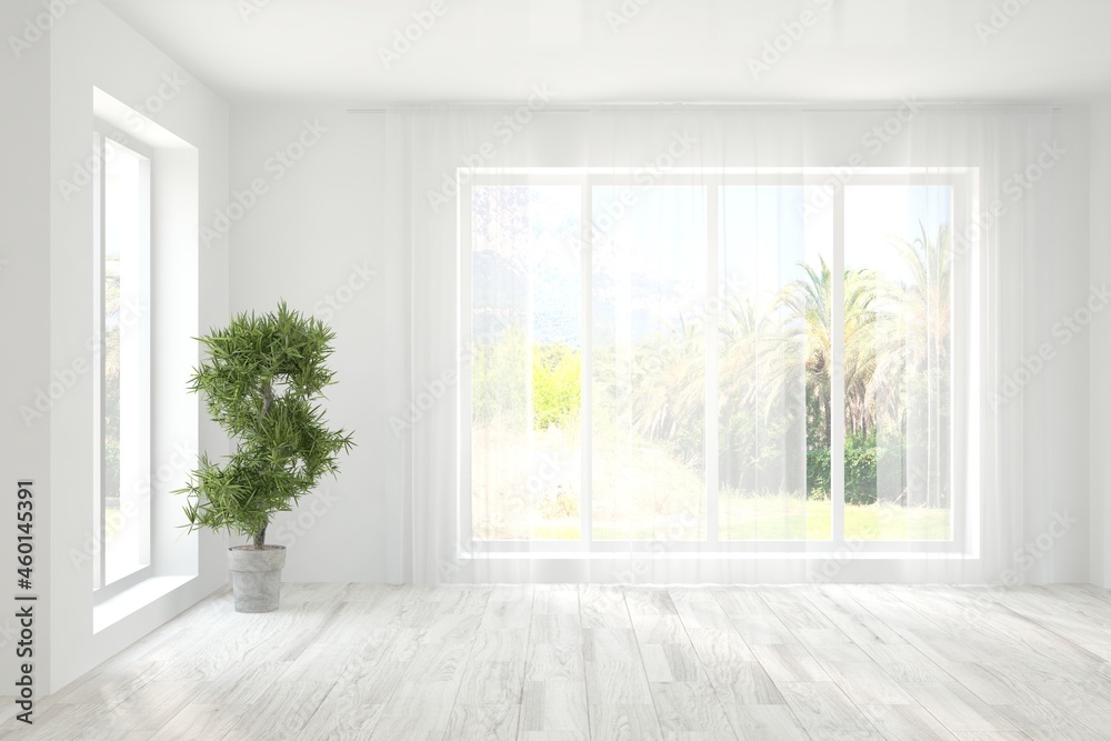 Fototapeta premium White empty room with summer landscape in window. Scandinavian interior design. 3D illustration