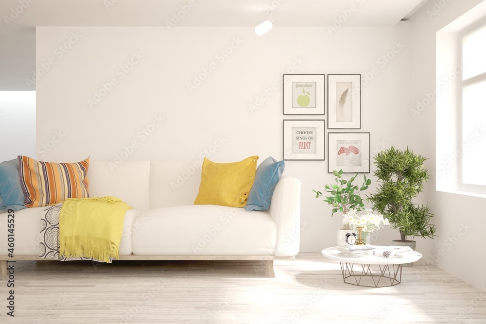 Naklejka premium White living room with sofa. Scandinavian interior design. 3D illustration