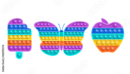 Set of colorful sensory fidget toys of various shapes. Butterfly, apple and ice cream. Vector illustration