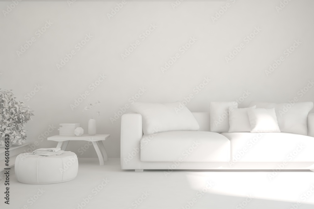 Mock up of minimalist living room in white color with sofa. Scandinavian interior design. 3D illustration Mock up of minimalist living room in white color with sofa. Scandinavian interior design. 3D illustration